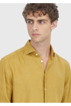 Yağ Yeşili Düz Casual Fit Uzun Dokuma Casual %100 Keten Gömlek