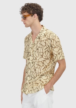 Sarı Baskılı Regular Fit Kısa Dokuma Casual %100 Pamuk Gömlek