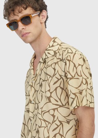Sarı Baskılı Regular Fit Kısa Dokuma Casual %100 Pamuk Gömlek