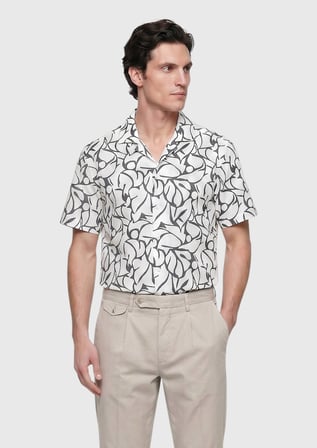 Ekru Baskılı Regular Fit Kısa Dokuma Casual %100 Pamuk Gömlek