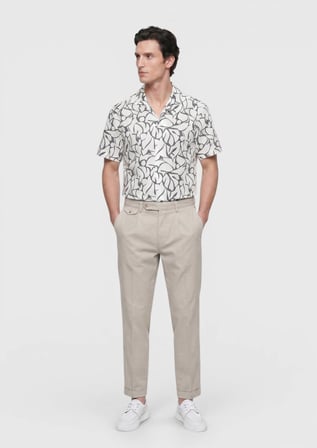 Ekru Baskılı Regular Fit Kısa Dokuma Casual %100 Pamuk Gömlek