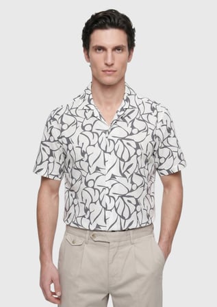 Ekru Baskılı Regular Fit Kısa Dokuma Casual %100 Pamuk Gömlek