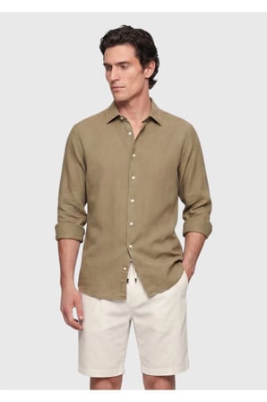 Haki Düz Casual Fit Uzun Dokuma Casual %100 Pamuk Gömlek