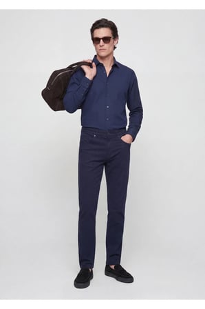 Lacivert Düz Casual Fit Uzun Dokuma Casual %100 Pamuk Gömlek