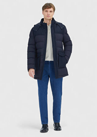 Lacivert Regular Fit Kapüşonlu Klasik Dokuma Kaban