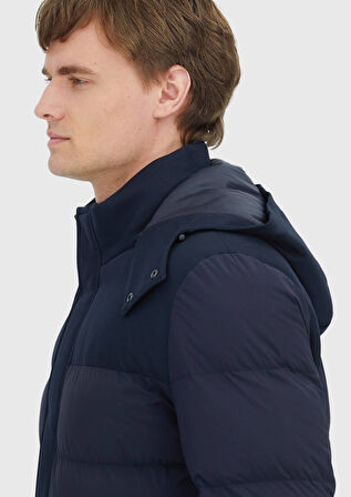 Lacivert Regular Fit Kapüşonlu Klasik Dokuma Kaban