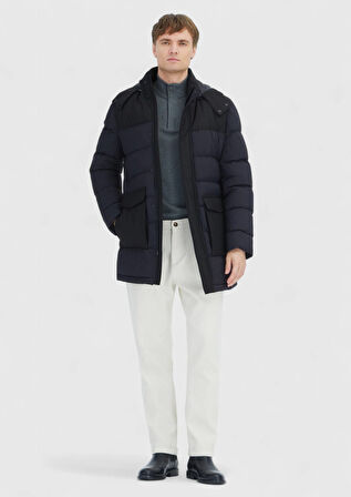 Siyah Regular Fit Kapüşonlu Klasik Dokuma Kaban