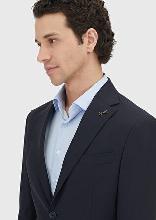 Koyu Lacivert Çizgili Zeroweight Slim Fit %100 Yün Takım Elbise