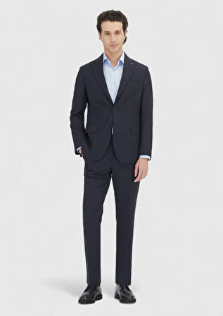 Koyu Lacivert Çizgili Zeroweight Slim Fit %100 Yün Takım Elbise