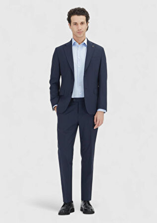 Koyu Lacivert Çizgili Zeroweight Slim Fit Yün Karışımlı Takım Elbise