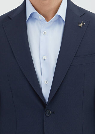 Koyu Lacivert Çizgili Zeroweight Slim Fit Yün Karışımlı Takım Elbise