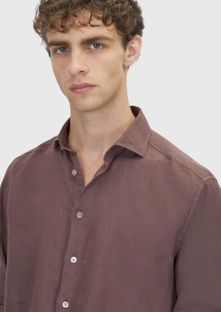 Mürdüm Düz Casual Fit Uzun Dokuma Casual %100 Keten Gömlek
