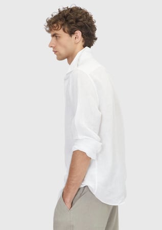 Beyaz Düz Casual Fit Uzun Dokuma Casual %100 Keten Gömlek