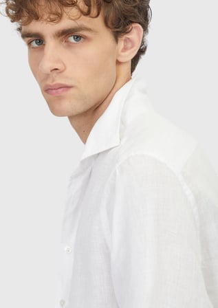 Beyaz Düz Casual Fit Uzun Dokuma Casual %100 Keten Gömlek