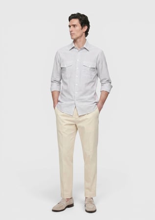 Açık Vizon Çizgili Regular Fit Uzun Dokuma Casual Gömlek