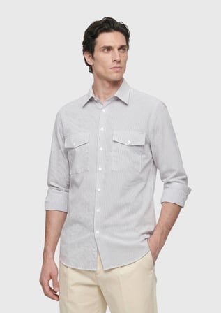 Açık Vizon Çizgili Regular Fit Uzun Dokuma Casual Gömlek
