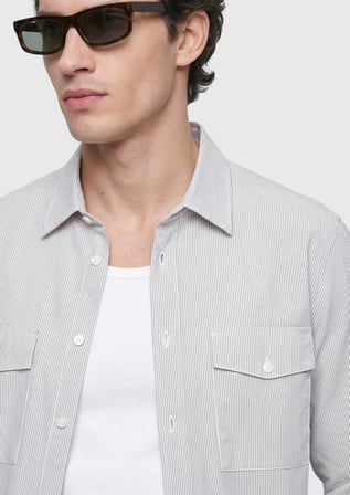 Açık Vizon Çizgili Regular Fit Uzun Dokuma Casual Gömlek