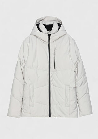 Bej Regular Fit Kapüşonlu Casual Dokuma Mont