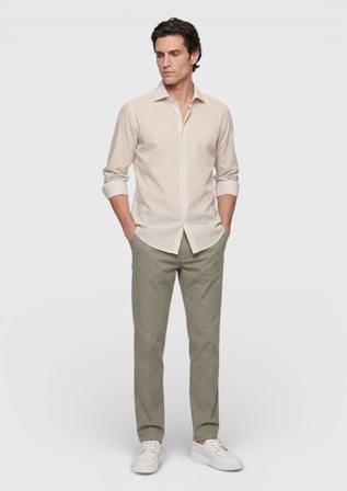 Bej Çizgili Casual Fit Uzun Dokuma Casual Pamuk Karışımlı Gömlek