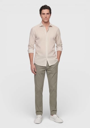 Bej Çizgili Casual Fit Uzun Dokuma Casual Pamuk Karışımlı Gömlek
