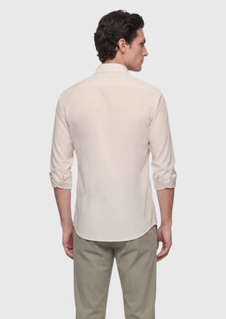 Bej Çizgili Casual Fit Uzun Dokuma Casual Pamuk Karışımlı Gömlek