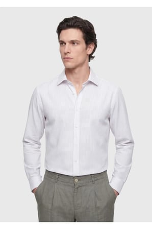 Ekru Çizgili Casual Fit Uzun Dokuma Casual Pamuk Karışımlı Gömlek