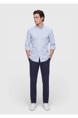 Mavi Düz Regular Fit Uzun Dokuma Casual İpek Karışımlı Gömlek