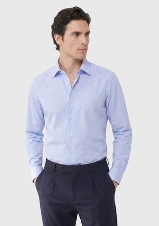 Mavi Çizgili Regular Fit Uzun Dokuma Klasik Pamuk Karışımlı Gömlek