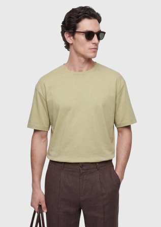 Yağ Yeşili Düz Pamuk Karışımlı T-Shirt