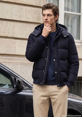 Lacivert Regular Fit Kapüşonlu Casual Dokuma Mont