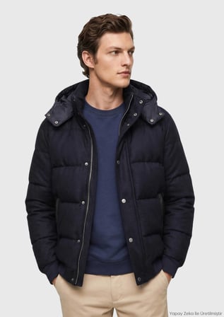 Lacivert Regular Fit Kapüşonlu Casual Dokuma Mont