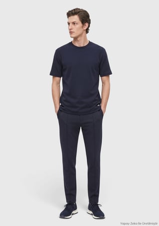 Lacivert Düz Bisiklet Yaka Yün Karışımlı T-Shirt
