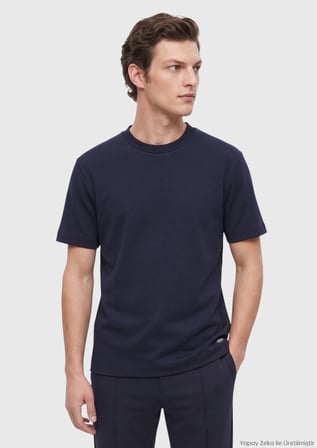 Lacivert Düz Bisiklet Yaka Yün Karışımlı T-Shirt