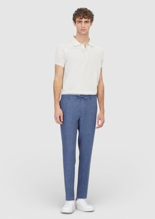 Lacivert Çizgili Dokuma Jogging Fit Casual %100 Keten Pantolon