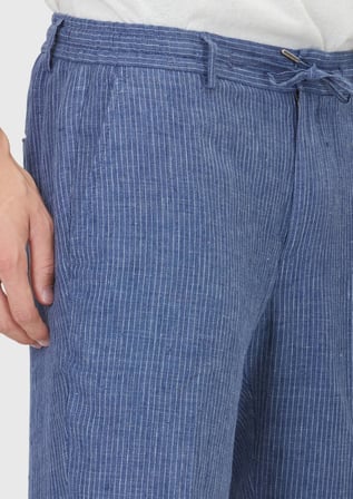 Lacivert Çizgili Dokuma Jogging Fit Casual %100 Keten Pantolon