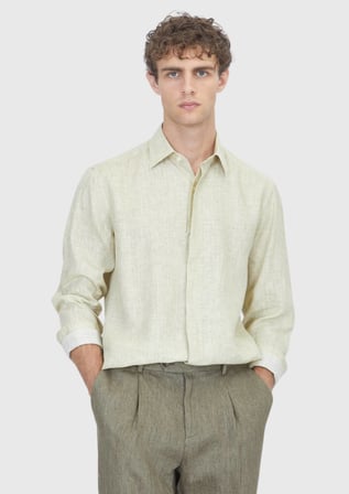Açık Yeşil Baskılı Casual Fit Uzun Dokuma Casual %100 Keten Gömlek