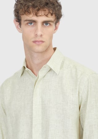 Açık Yeşil Baskılı Casual Fit Uzun Dokuma Casual %100 Keten Gömlek