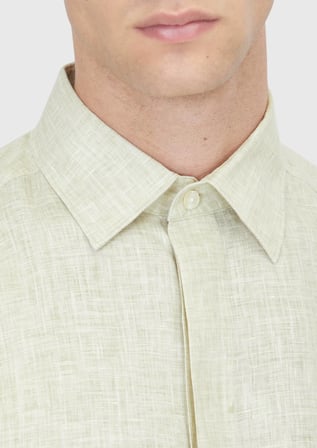 Açık Yeşil Baskılı Casual Fit Uzun Dokuma Casual %100 Keten Gömlek