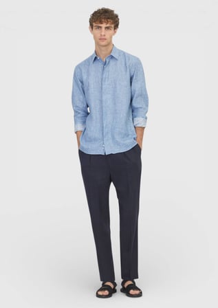 İndigo Baskılı Casual Fit Uzun Dokuma Casual %100 Keten Gömlek