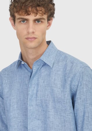 İndigo Baskılı Casual Fit Uzun Dokuma Casual %100 Keten Gömlek