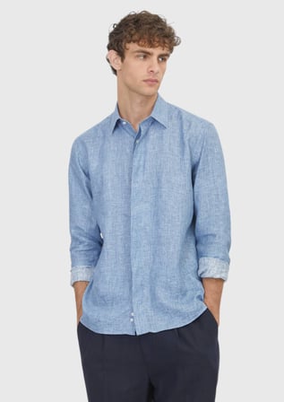 İndigo Baskılı Casual Fit Uzun Dokuma Casual %100 Keten Gömlek