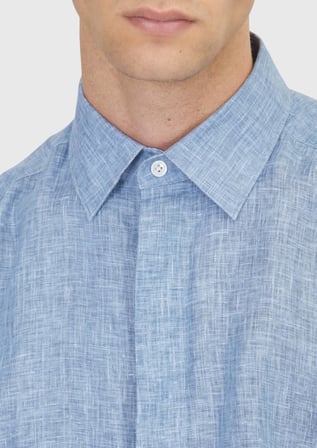 İndigo Baskılı Casual Fit Uzun Dokuma Casual %100 Keten Gömlek