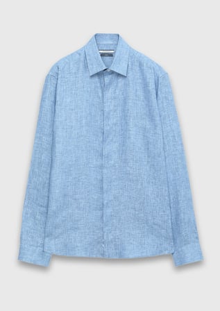 İndigo Baskılı Casual Fit Uzun Dokuma Casual %100 Keten Gömlek