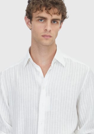 Beyaz Çizgili Casual Fit Uzun Dokuma Casual %100 Keten Gömlek