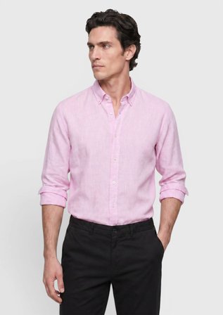 Pembe Düz Casual Fit Uzun Dokuma Casual %100 Keten Gömlek