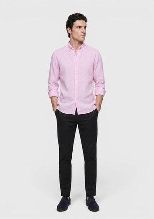 Pembe Düz Casual Fit Uzun Dokuma Casual %100 Keten Gömlek