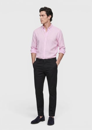 Pembe Düz Casual Fit Uzun Dokuma Casual %100 Keten Gömlek