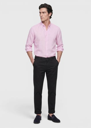 Pembe Düz Casual Fit Uzun Dokuma Casual %100 Keten Gömlek