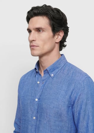 Açık Mavi Düz Casual Fit Uzun Dokuma Casual %100 Keten Gömlek