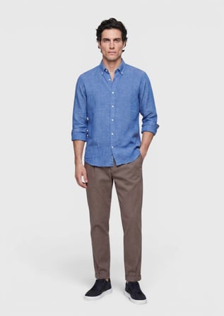Açık Mavi Düz Casual Fit Uzun Dokuma Casual %100 Keten Gömlek
